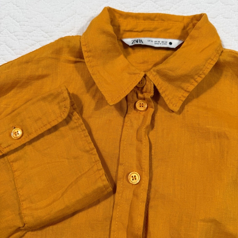 Zara Shirt  Women Button Down XS 100% Linen Blend Long Sleeve Mustard Yellow EUC